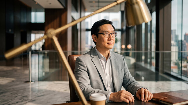 Thoughtful Asian businessman seated at desk in modern office