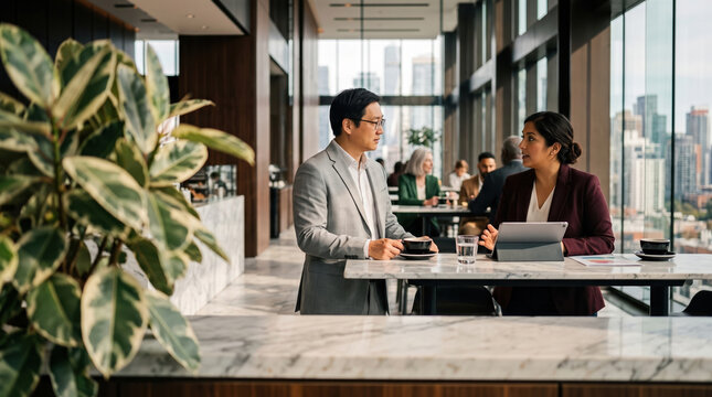Business meeting between two professionals in modern cafe