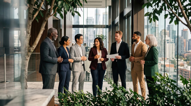 Diverse business professional in discussion at urban office