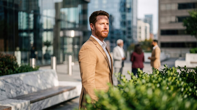 Businessman at office window with urban reflection
