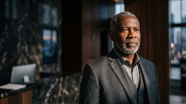 Businessman Stands in Hotel Lobby During Early Morning Hours