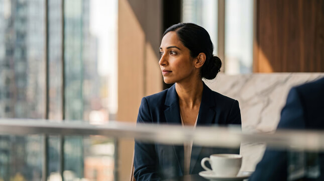 Businesswoman reflect on meeting in office with coffee