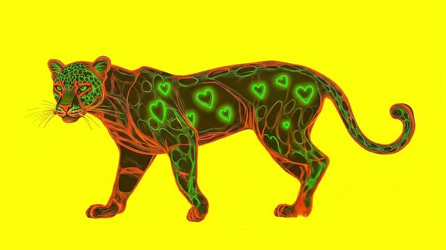 Psychedelic leopard illustration with neon green hearts, stylized wild cat walking on yellow background, vibrant animal art with glowing patterns