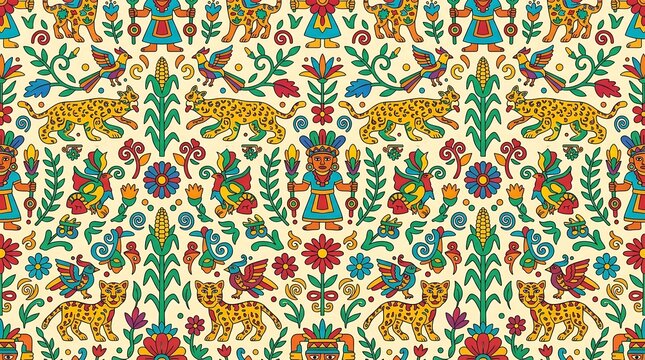 Vibrant mesoamerican folk art pattern with jaguars and figures