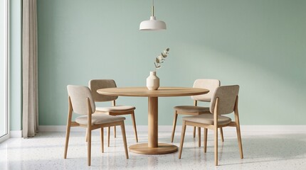 Fototapeta premium Minimalist dining room with wooden table. Modern interior design with pastel green walls.