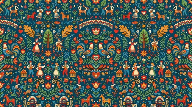 Ornate folk art pattern with traditional characters and animals