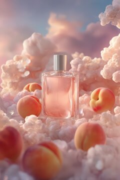 Frosted glass perfume bottle surrounded by cotton clouds and white peaches in a soft pastel setting