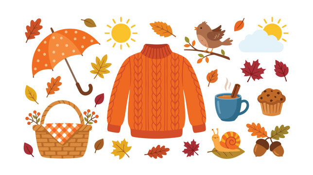 Cozy autumn season vector collection, warm fall weather elements, orange cable knit sweater, picnic basket, umbrella, hot drink, bird, leaves, acorns, muffin, snail, sun, clouds