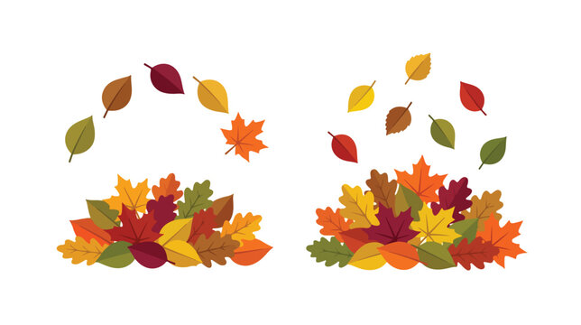 Autumn leaves falling, vibrant fall foliage piles, colorful seasonal leaf collection, vector illustration for harvest and Thanksgiving designs