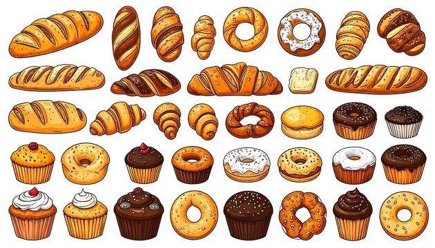 Assortment of fresh baked bread slices and loaves.