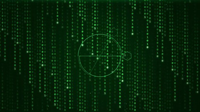 Digital matrix background with animated binary code and pie chart graph
