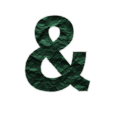 Ampersand symbol made from dark green crumpled paper texture