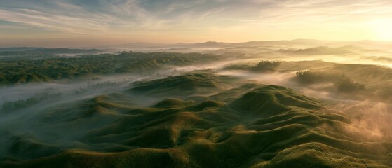 Obraz premium Mountain hills and valleys with fog during sunrise in a rural area