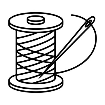 Spool of thread with needle vector icon for sewing and tailoring craft equipment