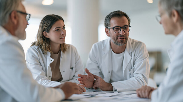 Two mortuary science students in sterile white lab coats discuss natural sleep supplement formulations with a senior instructor, printed melatonin and herbal remedy comparison charts spread on a cli