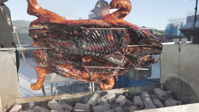 Whole Roast Suckling Pig Rotating on Charcoal Spit for Mid-Autumn Festival Barbecue