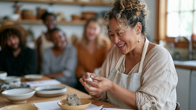 A needle felter at a modest kitchen table presents a completed animal sculpture to an audience of friends gathered behind her, loyalty to craft visible in worn fingertips, artisan fiber art, handmad