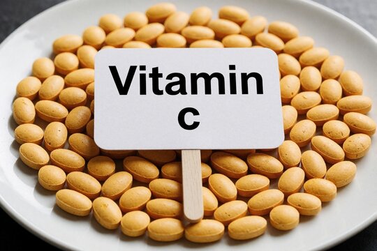 Orange vitamin C pills fill white plate. Small wooden sign labels tablets as ascorbic acid supplement. Yellow medical tablets treat immune deficiency. Nutrition healthy living concept. Daily pharmacy