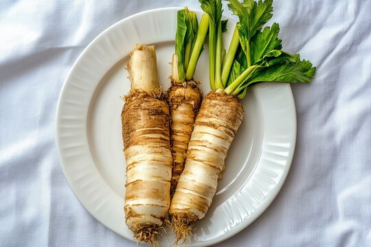 Sliced horseradish root on white ceramic plate showing inner texture and soft shadow