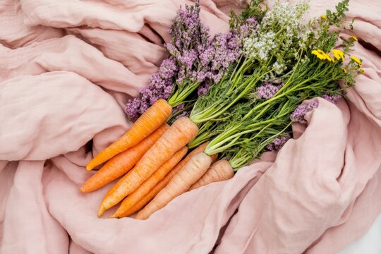 Minimalist display of asparagus and spring vegetables on cotton fabric