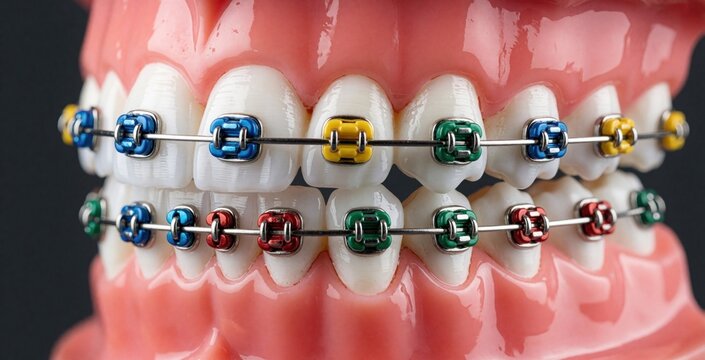 Dental model shows teeth with colorful orthodontic brackets and wires. Clear orthodontic treatment devices straighten alignment for better dental health and smile.