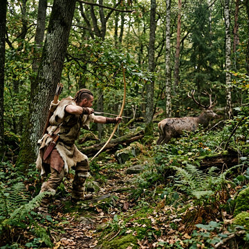 Hunter aiming bow at target in dense forest setting.
