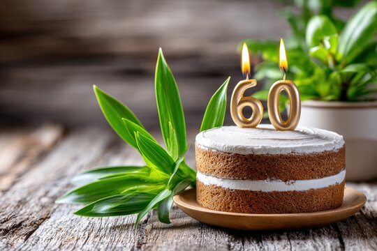 Warm birthday greeting card with 60 candles on cake and gentle celebration atmosphere in a cozy setting
