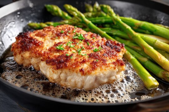 Schnitzel frying in pan with asparagus cooking nearby while oil bubbles and crust forms