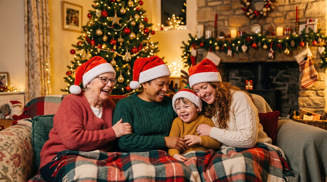 Family Laughing in Santa Hats on Sofa