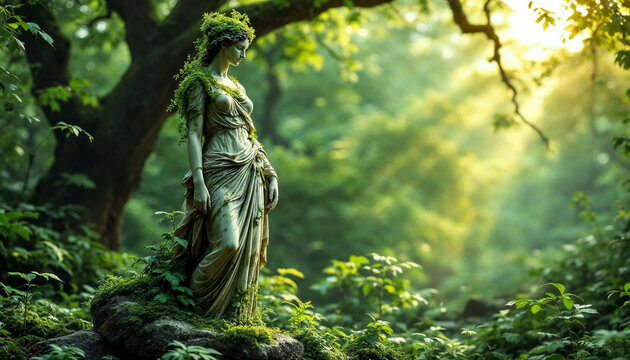 Enchanting Greek statue hidden deep within a medieval forest, surrounded by ancient trees, soft light, and mystical woodland scenery, creating a timeless atmosphere of mystery and classical bea