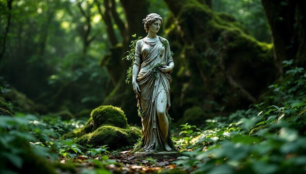Enchanting Greek statue hidden deep within a medieval forest, surrounded by ancient trees, soft light, and mystical woodland scenery, creating a timeless atmosphere of mystery and classical bea
