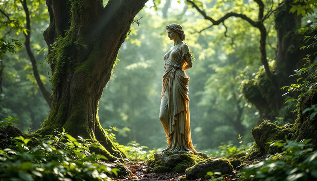 Enchanting Greek statue hidden deep within a medieval forest, surrounded by ancient trees, soft light, and mystical woodland scenery, creating a timeless atmosphere of mystery and classical bea