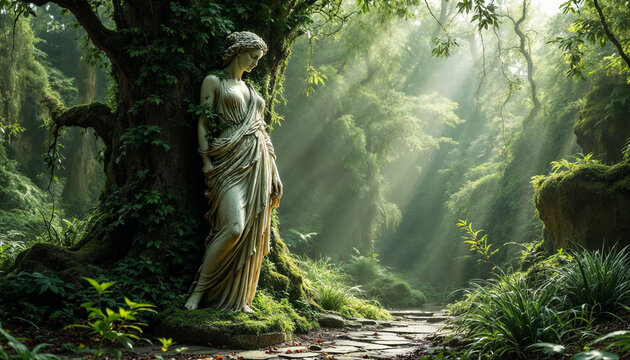 Enchanting Greek statue hidden deep within a medieval forest, surrounded by ancient trees, soft light, and mystical woodland scenery, creating a timeless atmosphere of mystery and classical bea