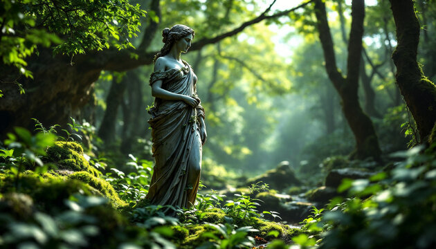 Enchanting Greek statue hidden deep within a medieval forest, surrounded by ancient trees, soft light, and mystical woodland scenery, creating a timeless atmosphere of mystery and classical bea