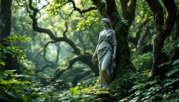 Enchanting Greek statue hidden deep within a medieval forest, surrounded by ancient trees, soft light, and mystical woodland scenery, creating a timeless atmosphere of mystery and classical bea