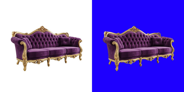 Elegant purple velvet sofa with ornate gold frame royal furniture piece transparent png