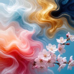 Obraz premium Abstract fluid liquid background with gold wave lines, soft pink cherry blossoms. Artistic wallpaper design features colorful flowing shapes combined with spring flowers. Elegant floral art