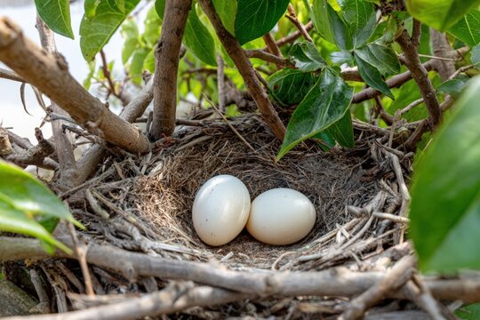 Nest of wood pigeons with two eggs hidden among tree branches in soft morning light