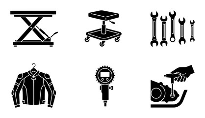 Fototapeta premium Motorcycle repair silhouette icons set, tools and gear, automotive workshop