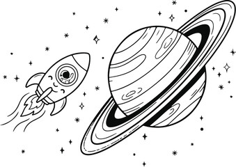 Cartoon rocket flying near saturn with rings Vector © MdRahmat
