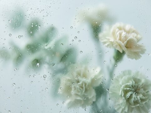White carnation bouquet viewed through wet transparent film