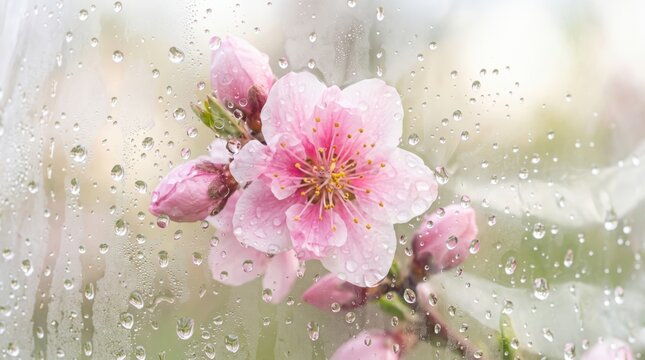 Pink blossom viewed through wet film with water droplets