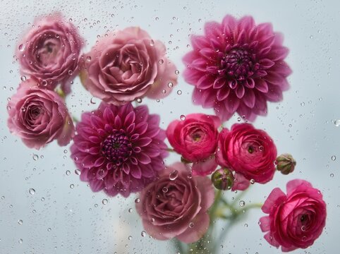 Pink flower bouquet viewed through wet transparent film