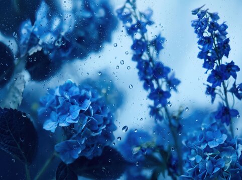 Blue flowers viewed through wet film with water droplets