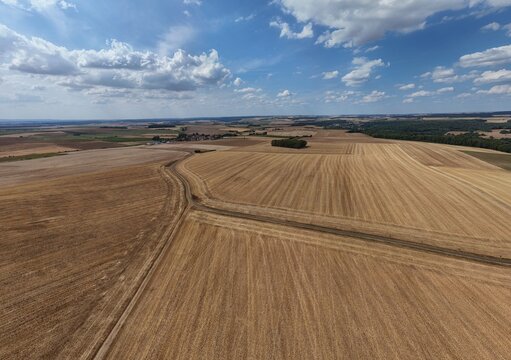 vue a&eacute;rienne panoramique en Meurthe-et-Moselle, pr&egrave;s des villages de Boismont et Bazailles. La Lorraine d&eacute;but ao&ucirc;t 2026, en pleine s&eacute;cheresse sous un ciel bleu et quelques nuages cumulus.