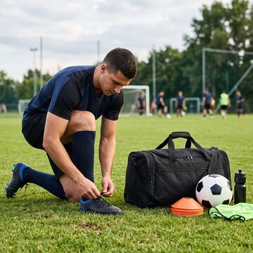 Young soccer player tying his shoelaces on the grass field with a sports bag and ball ready for practice