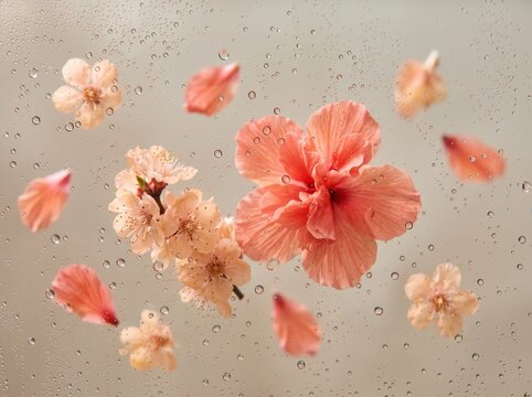 Coral flowers viewed through wet film with water droplets