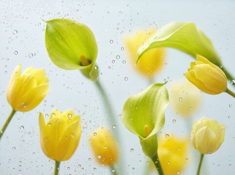 Yellow tulips and calla lilies behind wet glass