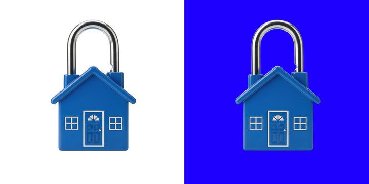 Blue house shaped padlock as a concept of home security protection transparent png