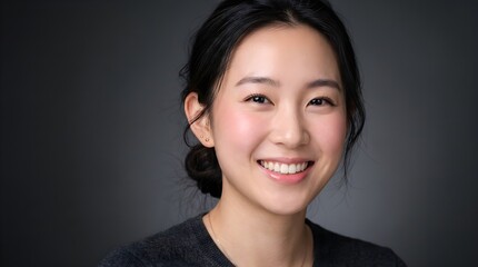 Fototapeta premium Portrait of a smiling young asian woman looking at the camera against a dark grey background